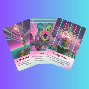 May include: Three tarot cards with vibrant neon designs. The cards feature surreal imagery of figures, landscapes, and text. The text on the cards includes "Remember", "Sacred", and "Indigo Vision". The color palette includes pink, purple, and teal.