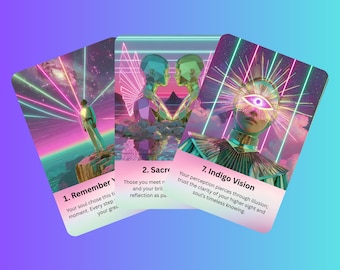 May include: Three tarot cards with vibrant neon designs. The cards feature surreal imagery of figures, landscapes, and text. The text on the cards includes "Remember", "Sacred", and "Indigo Vision". The color palette includes pink, purple, and teal.