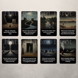 May include: A set of 8 tarot cards with dark, moody illustrations and thought-provoking questions. The cards are printed on thick cardstock and feature a matte finish.