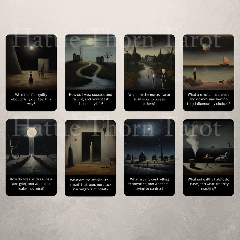 May include: A set of 8 tarot cards with dark, moody illustrations and thought-provoking questions. The cards are printed on thick cardstock and feature a matte finish.