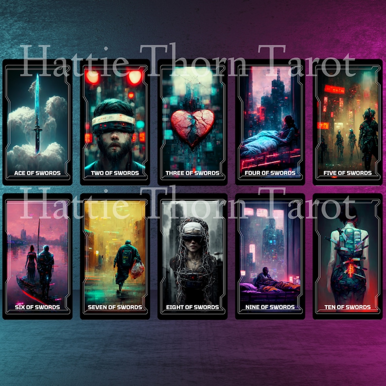 Cybertarot 78 Card Sci fi Tarot Deck Hattie Thorn Neon Dystopia cybertarot-78-card-sci-fi-tarot-deck-hattie-thorn-neon-dystopia