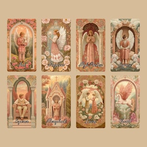 May include: A set of eight tarot cards featuring angel illustrations in a vintage style. Each card has a different angel figure, with titles like "Fool," "Magician," and "Lovers" in a decorative frame with floral accents.