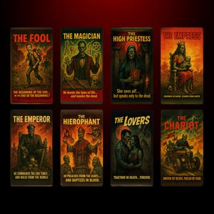 May include: A collection of eight tarot cards, each with a unique, gothic illustration. The cards feature titles like "The Fool" and "The Magician," with accompanying text. The artwork uses a palette of reds, oranges, and greens, with a vintage, distressed style.
