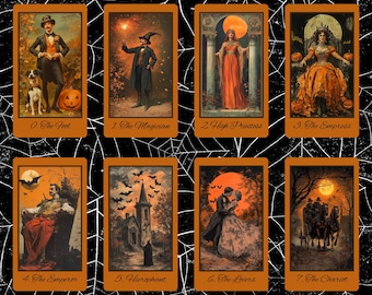Può includere: Un set di carte dei tarocchi con illustrazioni a tema Halloween. Le carte sono disposte in una griglia di 7 carte, con ogni carta che mostra un'immagine diversa di carta dei tarocchi. Le carte sono tutte in stile vintage, con uno sfondo scuro e colori vivaci.