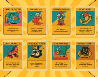 Puede incluir: Ocho tarjetas de estilo retro con ilustraciones y texto sobre un fondo amarillo. Las tarjetas presentan un teléfono con purpurina, un derrame de granizado, una máquina de chicles, un anillo de humor, un patín, una cámara Polaroid, una máquina de garras y tostadas quemadas.