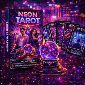 May include: A neon-themed tarot deck box with the words "NEON TAROT" in pink and purple. The box features a couple holding tarot cards and a crystal ball. Several tarot cards are fanned out, with titles like "THE CHARIOT" and "SEVEN OF CUPS".