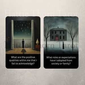 May include: Two tarot cards with dark, moody illustrations. The first card shows a person standing in a room with a window overlooking a dark sea with falling stars. The text on the card reads "What are the positive qualities within me that I fail to acknowledge?" The second card shows a person standing in front of a dark house with a red door. The text on the card reads "What roles or expectations have I adopted from society or family?"