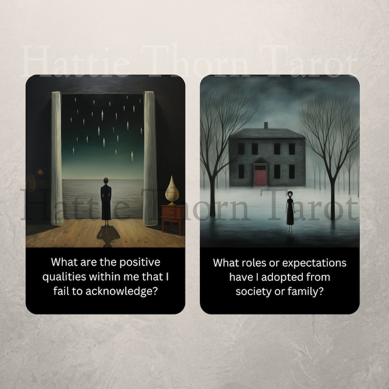 May include: Two tarot cards with dark, moody illustrations. The first card shows a person standing in a room with a window overlooking a dark sea with falling stars. The text on the card reads "What are the positive qualities within me that I fail to acknowledge?" The second card shows a person standing in front of a dark house with a red door. The text on the card reads "What roles or expectations have I adopted from society or family?"