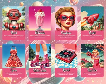 May include: A set of 10 illustrated cards with a retro aesthetic. Each card features a different image and a short description. The cards are set against a pink and white background with planets and stars.