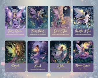 May include: A set of eight tarot cards featuring illustrations of fairies. Each card has a different fairy with wings, in shades of purple, blue, and green. The cards have titles like "Fairy Queen" and "Knight of Fae", with descriptive text.