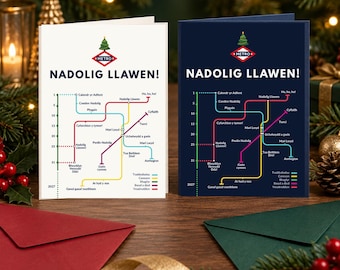 Welsh Christmas Card, Metro Nadolig Llawen Map, Light or Dark, 5x7, Blank Inside