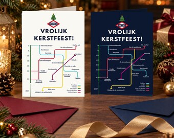 Dutch Christmas Card, Metro Vrolijk Kerstfeest Map, Light or Dark, 5x7, Blank Inside