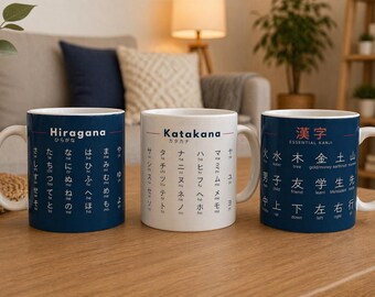 Japanese Writing System Mug Set – Hiragana, Katakana & Kanji Bundle – Learn Japanese Faster – Study Japanese N5 Exam