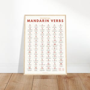 Op de afbeelding: Een ingelijste poster met de tekst "ESSENTIAL MANDARIN VERBS" in het rood. De poster bevat een raster van Mandarijnse werkwoorden met Engelse vertalingen. De lijst is licht van kleur, en de achtergrond is gebroken wit.