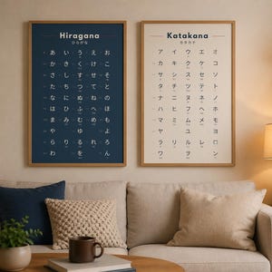 Peut inclure: Deux affiches encadrées de caractères japonais, l'une bleu marine avec des hiraganas et l'autre beige avec des katakanas. Les affiches sont au-dessus d'un canapé beige avec des coussins décoratifs. Une table d'appoint en bois avec une lampe et des plantes est à droite.