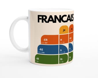 French Verb Conjugation Mug – Present Tense Chart – ER IR RE Verbs – Learn French Grammar – Language Learning Gift – Stylish Minimalist Mug