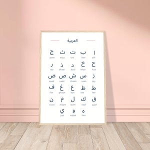 Puede incluir: Un póster enmarcado que muestra el alfabeto árabe. Las letras están dispuestas en una cuadrícula, siendo cada una claramente visible. El póster tiene un fondo blanco, con el título "العربية" en la parte superior. El marco es de color madera clara.