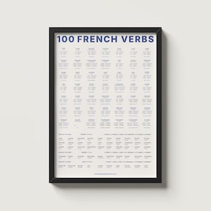 May include: A framed poster with a black border displays a grid of French verbs. The title "100 FRENCH VERBS" is in blue at the top. The verbs are listed in a grid format with their conjugations. The poster is mounted on a white wall.