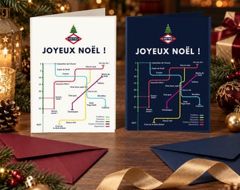 French Christmas Card, Metro Joyeux Noël Map, Light or Dark, 5x7, Blank Inside