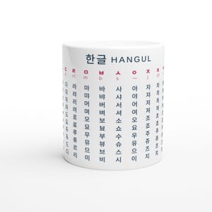 Könnte beinhalten: Weißer Keramikbecher mit den Worten "HANGUL" und koreanischen Schriftzeichen in Blau und Rot bedruckt. Der Becher hat ein umlaufendes Design mit dem koreanischen Alphabet.