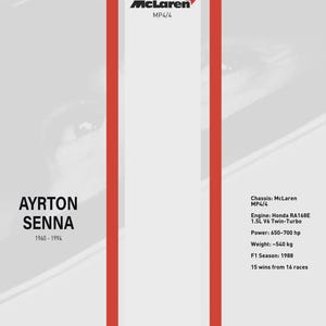 May include: Ayrton Senna tribute poster featuring the McLaren MP4/4. The poster includes the McLaren logo, car specifications, and Senna's signature. The text reads "AYRTON SENNA 1960-1994".