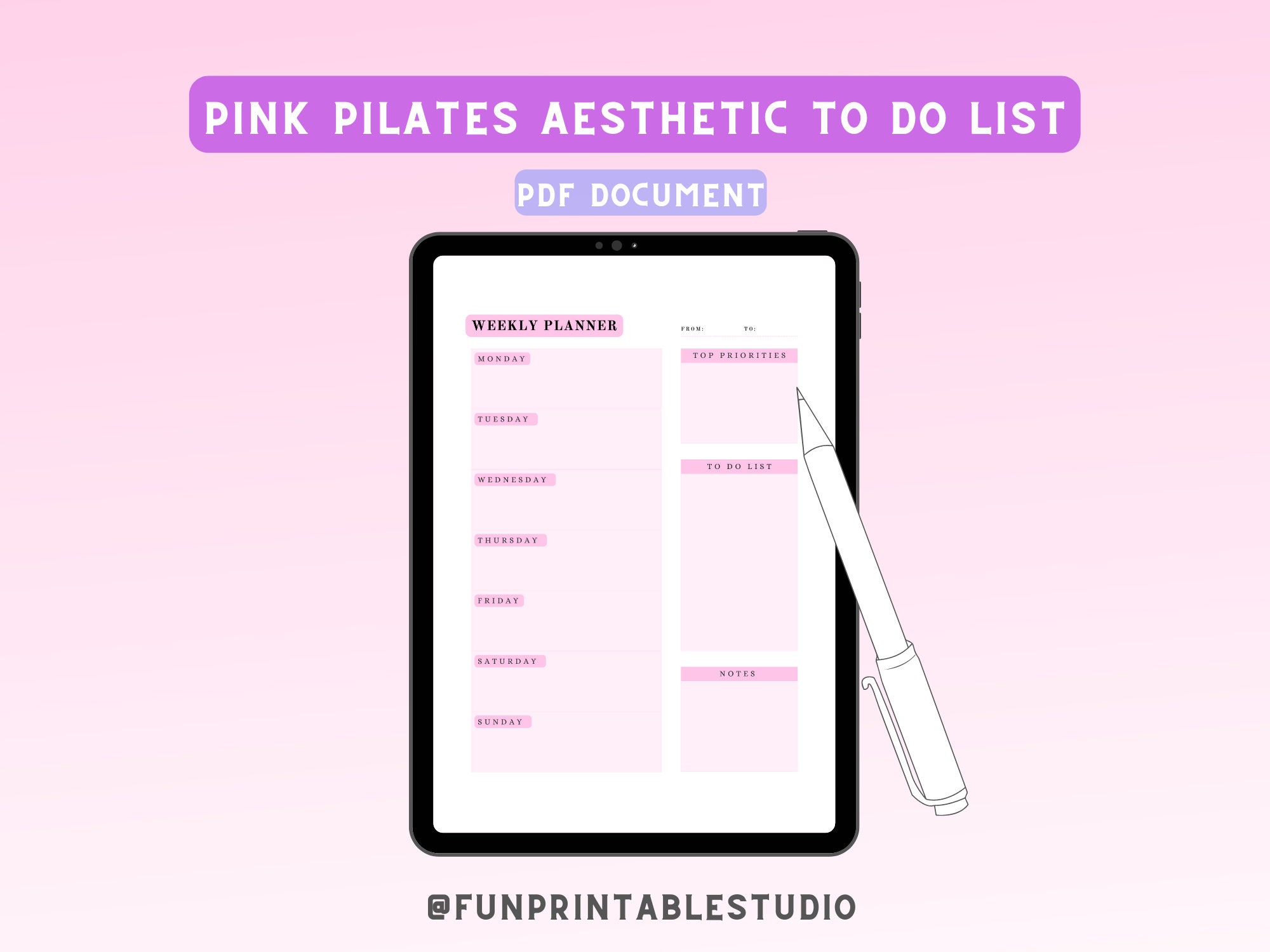 Weekly Planner Pink Pilates Princess Aesthetic, Digital Printable, PDF,  Includes: to Do List, Top Priorities, Notes. Timeless. Cute Design 