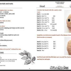 Puede incluir: Instrucciones de crochet para un amigurumi de Peter Rabbit. El patr&oacute;n incluye una lista de los materiales y herramientas necesarios, as&iacute; como instrucciones detalladas para tejer la cabeza. Las instrucciones incluyen el n&uacute;mero de puntos y rondas para cada paso, y la imagen muestra la cabeza terminada con ojos de seguridad.