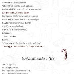 Peut inclure: Une page de document intitul&eacute;e The required materials and tools listant des couleurs de fil dont vert 80371, blanc 80301, rouge 80352, vert clair 29 et noir 53, ainsi que des yeux de s&eacute;curit&eacute;, un crochet de 3,75 mm, du rembourrage et des aiguilles.