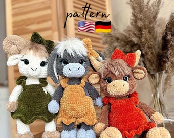 Crochet animals / Set of 3 Crochet patterns / Amigurumi animals / Crochet donkey / Crochet lamb / Crochet cow / Stuffed animals and plushies
