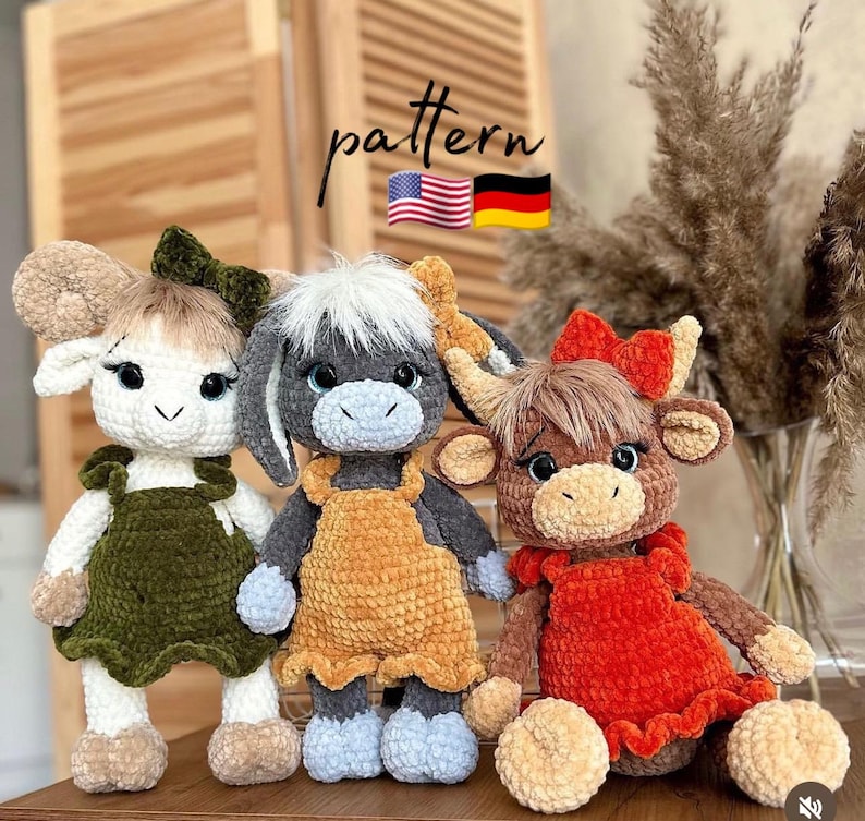 Crochet animals / Set of 3 Crochet patterns / Amigurumi animals / Crochet donkey / Crochet lamb / Crochet cow / Stuffed animals and plushies image 1