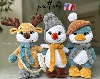 Schema per realizzare all'uncinetto un peluche natalizio: cervo, pupazzo di neve, pinguino (schema in PDF)