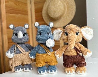 Crochet Animals Patterns: Elephant, Hippopotamus, Rhinoceros Amigurumi (PDF)