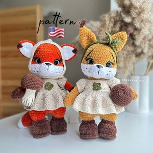 Set di modelli all'uncinetto da 2: motivo volpe all'uncinetto e motivo scoiattolo all'uncinetto / modello di animali di peluche / giocattoli di peluche Amigurumi / Animali della foresta