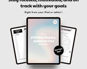 Puede incluir: Tres tabletas digitales que muestran un diario de crecimiento personal y páginas de planificación. La tableta central muestra el texto "90 day PERSONAL GROWTH JOURNAL". Las tabletas están sobre un fondo claro con el texto "Stay focused, motivated, and on track with your goals".