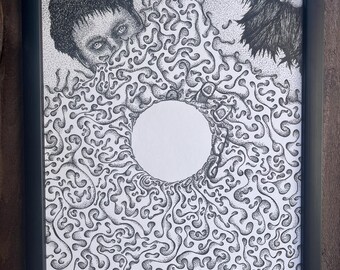 May include: Black and white pen and ink drawing of two faces surrounded by swirling abstract patterns. The faces are partially obscured by the patterns.