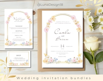 Conjunto de convites de casamento florais | Rosa e amarelo, modelo editável no Canva | Conjunto de convites de casamento
