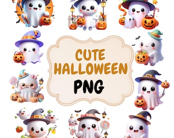Halloween Ghost Clipart PNG Bundle | Kawaii Spooky Ghosts, Sublimation (Digital Download)