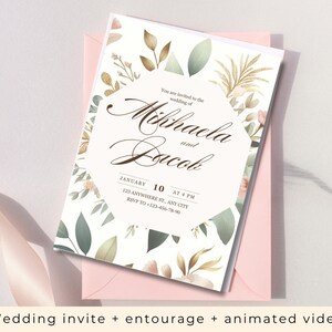 May include: A wedding invitation with floral and botanical illustrations. The invitation features the names "Mikhaela and Jacob" in elegant script, along with the date and time. The invitation is placed on a pink envelope.