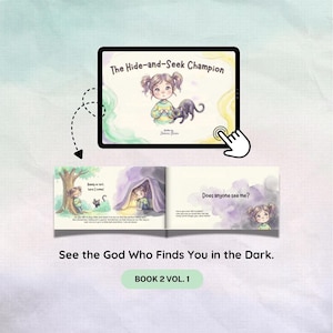 以下が含まれることがあります： デジタルタブレットには、少女と黒猫が描かれた「The Hide-and-Seek Champion」というタイトルの本の表紙が表示されています。その下には、毛布の下や木の陰に隠れている少女の水彩画が描かれた開いた本があります。