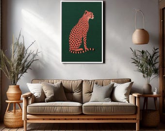 Impression d'art mural guépard minimaliste, affiche d'animal de la jungle moderne, illustration audacieuse de chat safari pour décoration de salon ou de bureau