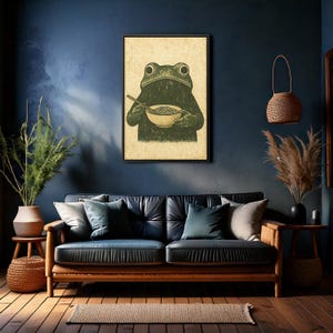 Retro Frog Ramen Wall Art Print, Funny Vintage Animal Poster, Quirky Kitchen Decor, Amphibian Eating Noodles Illustration