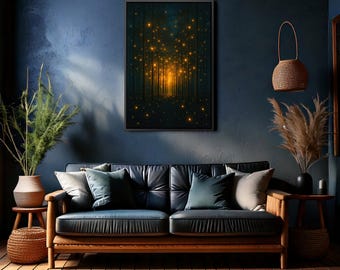 Firefly Forest Wall Art, Magical Dark Woods Canvas Print, Enchanted Light Nature Decor do salonu, sypialni