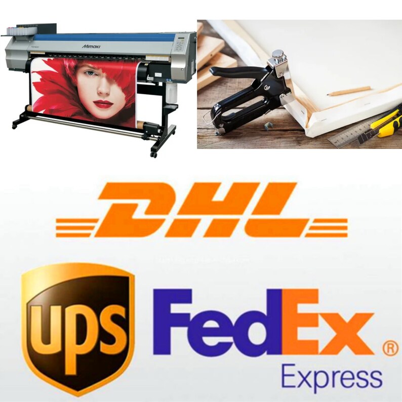 May include: A large format printer displaying a vibrant image of a woman with red floral accents. A canvas stretching tool and supplies are next to a stretched canvas. Shipping logos for DHL, UPS, and FedEx are also visible.