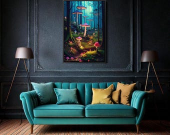 Enchanted Forest Art Print | Mystical Mushroom Woodland Scene | Fantasy Nature Wall Art | Whimsical Fungi Lover Decor