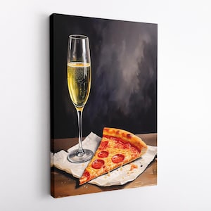 Szampan i pizza wydruk ścienny, zabawna sztuka, koktajl ścienny bar, plakat na wózek, dekoracja ścienna kuchni