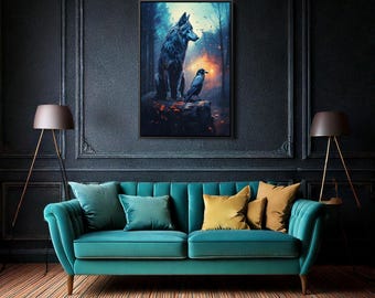 Wolf Raven Art Print | Dark Gothic Fantasy | Mystical Dream of Symbiotic Animal Wildlife | Forest Woods Crow Corvid Blackbird Decor