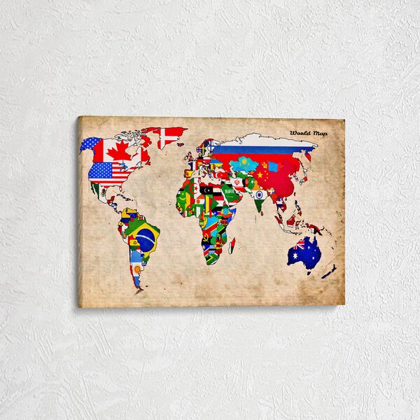 World Map With Flags on Canvas Etsy