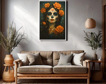 Day of the Dead Woman Wall Art, Sugar Skull Portrait Canvas, Mexican Dia de los Muertos Vertical Print for Home Decor