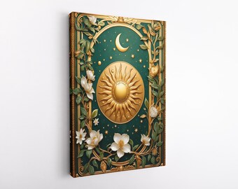 Celestial Garden Wall Art, Sun and Moon Canvas, White Floral Blooms Art, Botanical Wall Art, Ready to Hang