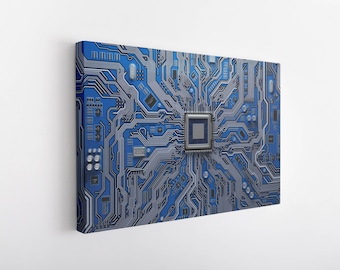 CPU-kunst aan de muur, computer moederbord CPU, systeemchip printplaat met kernprocessor, computertechnologie decor, kantoordecor, nerd decorlogo